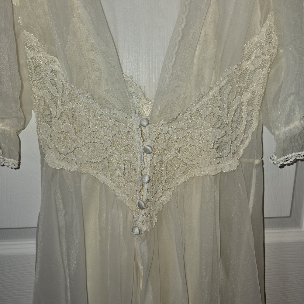 Val Mode Vintage Set Sheer Cream Gown And Duster Lace Coquette Cottagecore - Picture 3 of 16